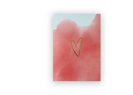 A5 poster with a gold foil heart shape against a soft pink and red gradient background.