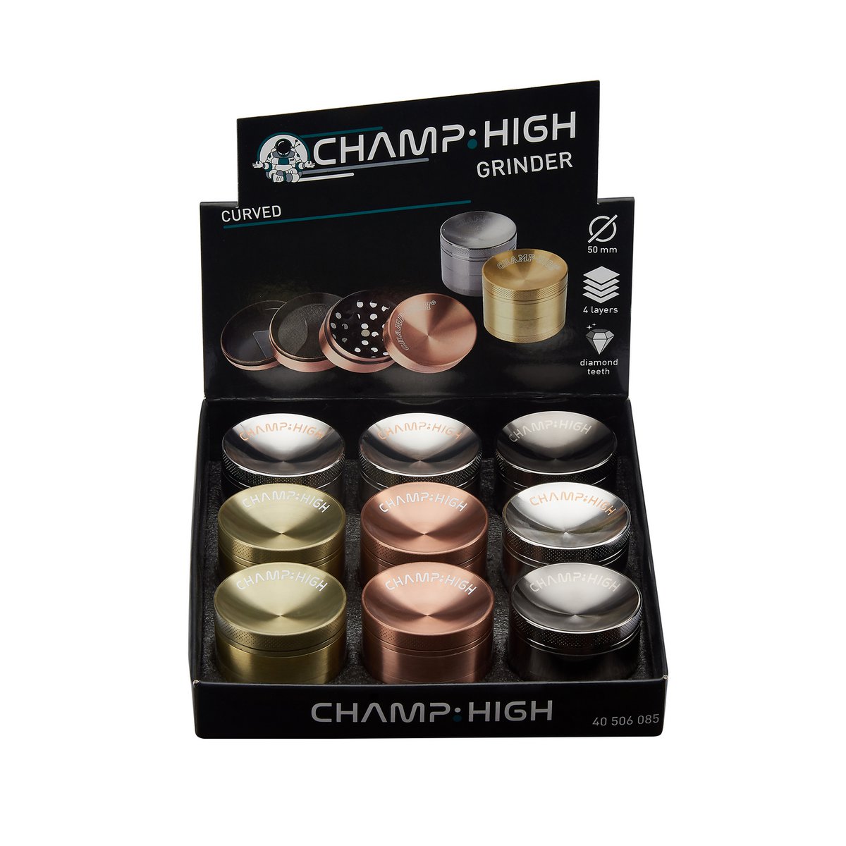 Display of 9 Spice Mills 4 Parts – Silver, Gold, Rose Gold