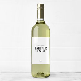 White wine bottle with "Partner in wine" label. Minimalist design with black text on white background.