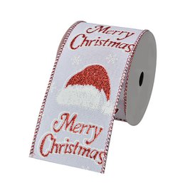  White synthetic ribbon, 6.3 cm x 5 m, with a red and gold Christmas-themed design.
