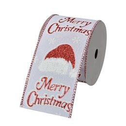 White synthetic ribbon, 6.3 cm x 5 m, with a red and gold Christmas-themed design.