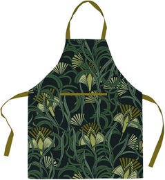  100% cotton apron with a tropical leaf pattern in shades of green. Features a bib-style design with adjustable neck strap and waist ties.