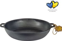 Cast iron barbecue pan, 32 cm diameter, 6 cm depth, suitable for any heat source, black color.