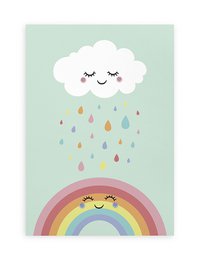 A colorful poster featuring a smiling cloud with raindrops and a rainbow, suitable for a children's room.