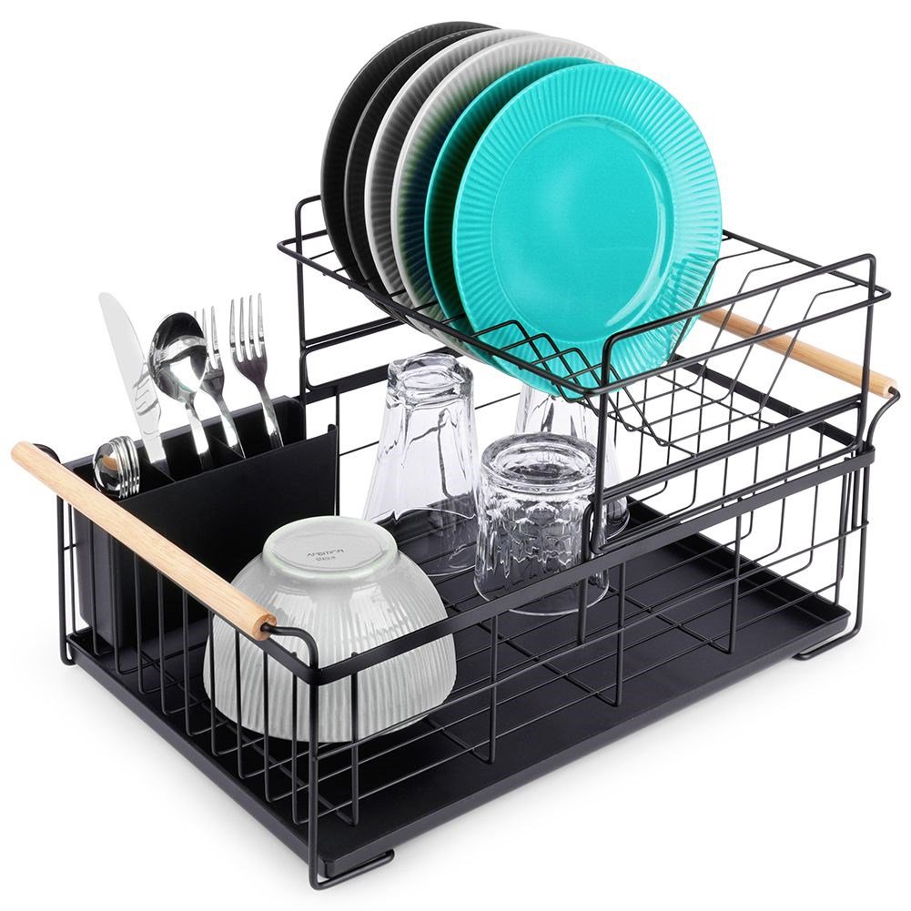 Dish drying rack black two-tier metal 48x29x28.5 cm