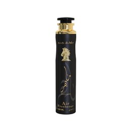 Black cylindrical spray bottle, gold accents, elegant floral design, room air freshener fragrance product.