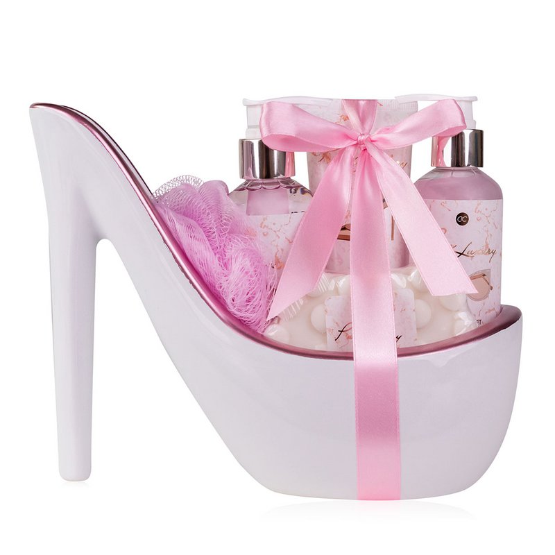 Badesæt PURE LUXURY i keramisk sko i hvid/pink