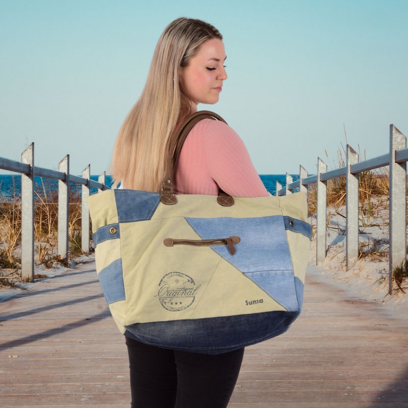 Bolso de fin de semana vintage Sunsa. Bolso de baño/bolsa de deporte shopper XXL.Bolso de lona y jeans reciclados. Bolso de hombro sostenible