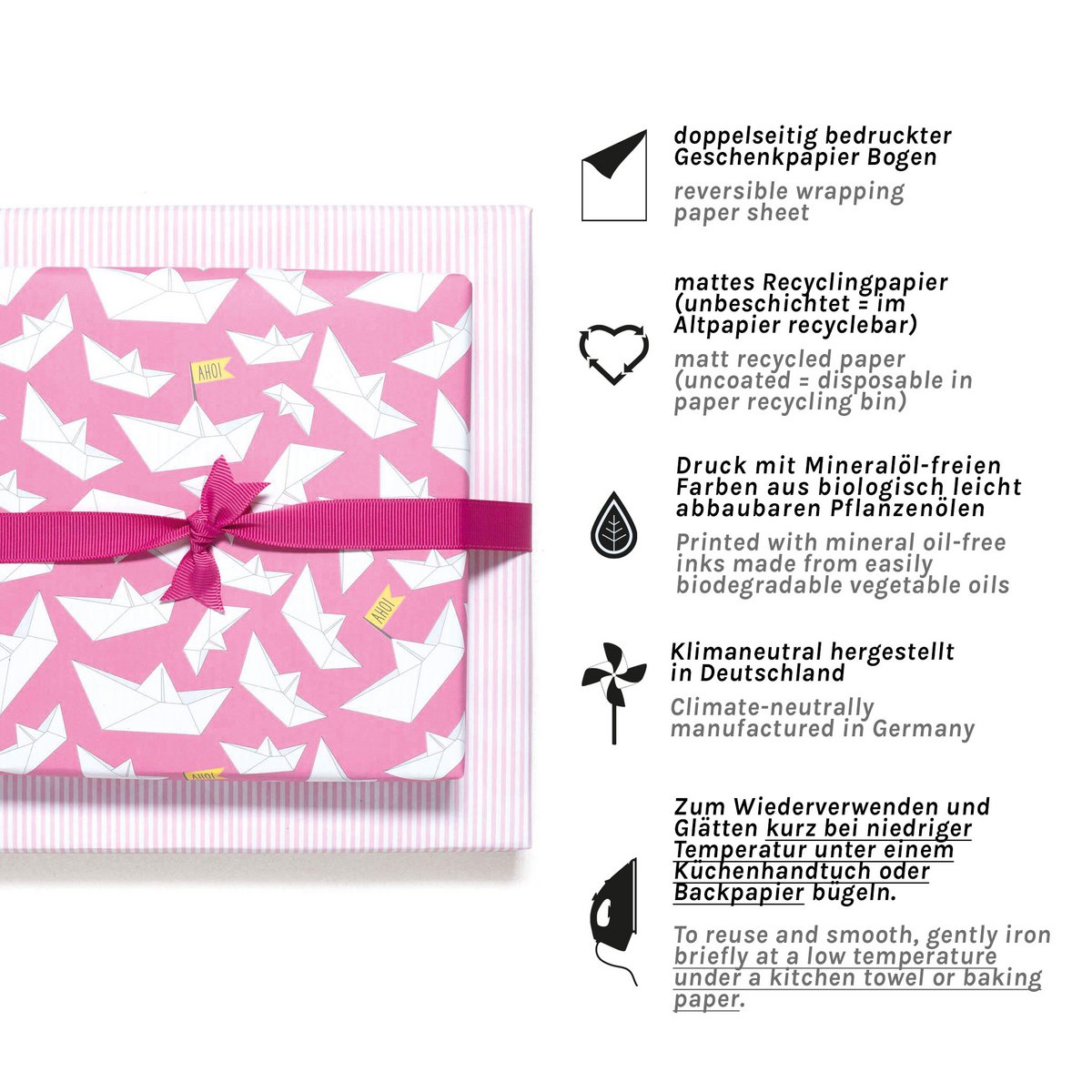Pink indpakningspapir med papirbåde og striber - lyserødt indpakningspapir med papirbådmønster, ideelt til børns fødselsdag, dåb, fødsel.