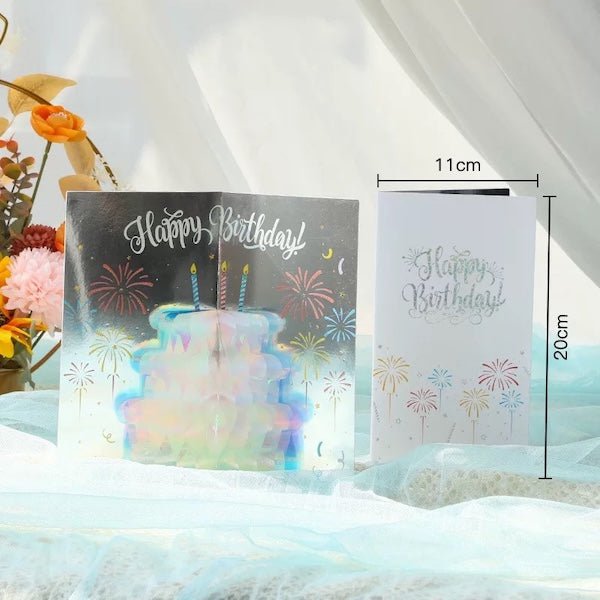Biglietto pop-up 3D con fiori scintillanti e torta di compleanno
