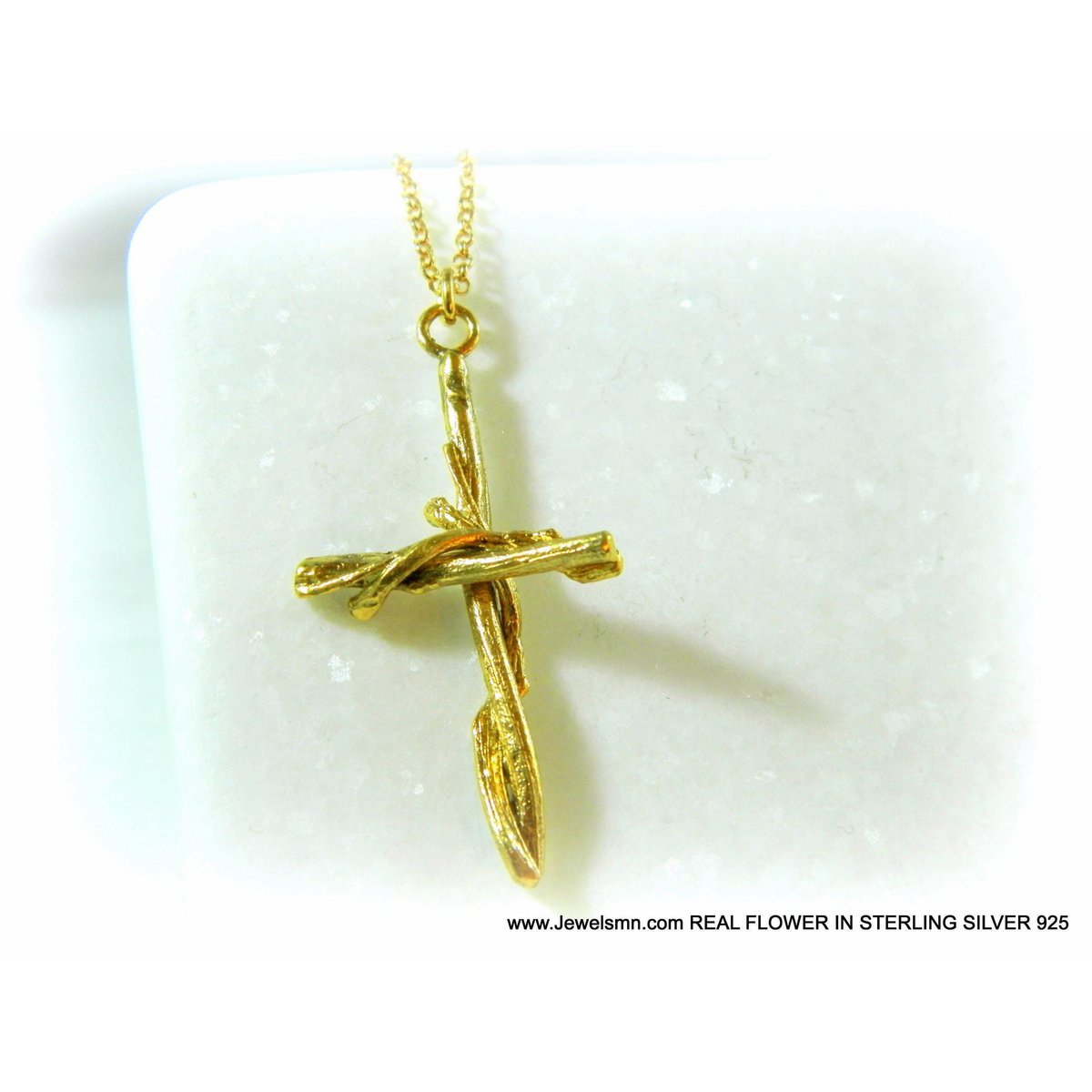 Gold Cross Necklace, Handmade Nature Jewelry, Organic Branch Pendant, Gift for Faith & Protection, Sterling Silver 925 Twig
