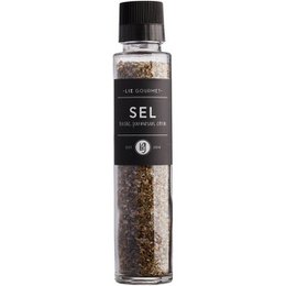  A gourmet salt grinder featuring a blend of sea salt, basil, parmesan, and lemon. The grinder has a sleek black design and contains a flavorful seasoning mix.