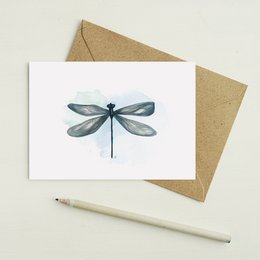 Watercolor dragonfly greeting card, A6 size, featuring a detailed illustration of a blue-gray dragonfly against a white background.