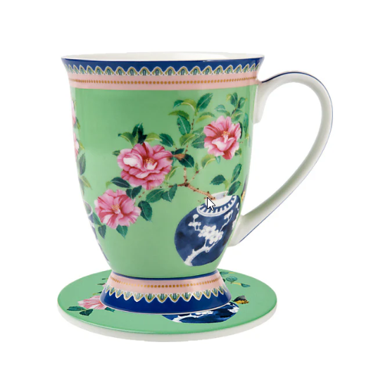 M&W Jardin Mug 300ml & Coaster, Camelia green, giftbox