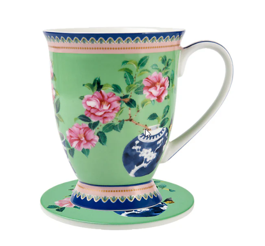 M&W Jardin Mug 300ml & Coaster, Camelia green, giftbox