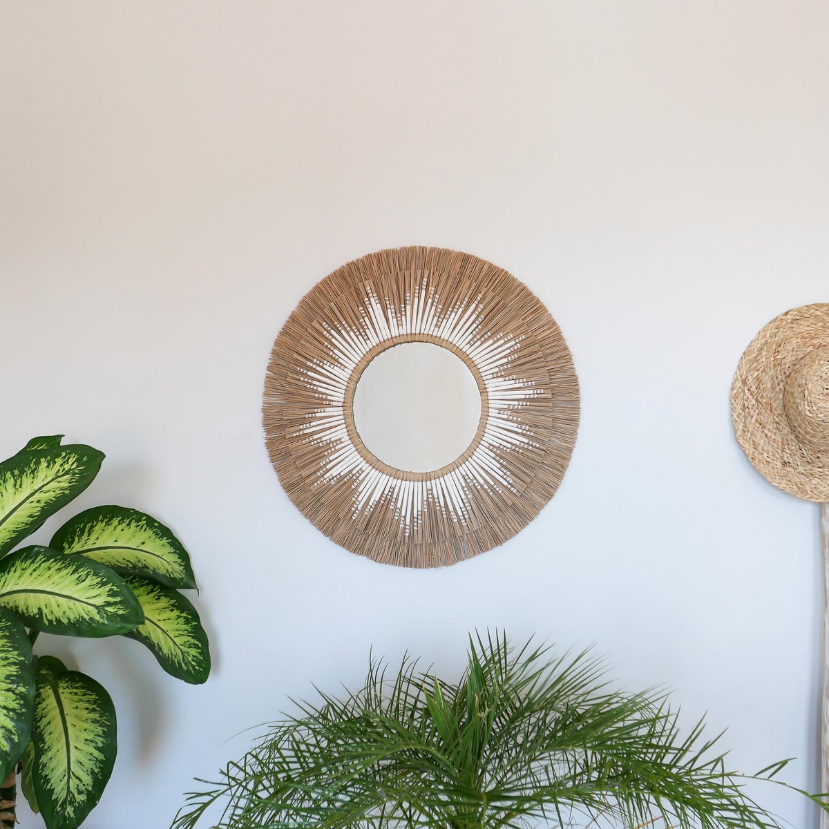 Miroir en jonc de mer avec détails en macramé - Ambon blanc ø70cm