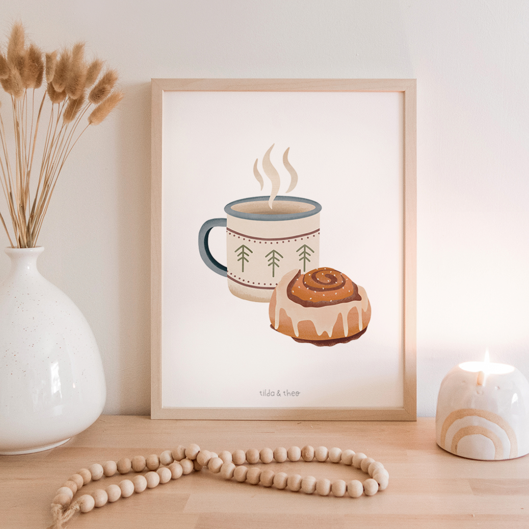 Poster Emailletasse & Zimtschnecke Norwegen - Kunstdruck Camping Reiseprint Hygge