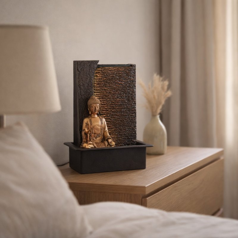 Zimmerbrunnen – Jati – abnehmbare Buddha-Statue – weißes LED-Licht – Zen und entspannende Atmosphäre – einfach zu bedienen