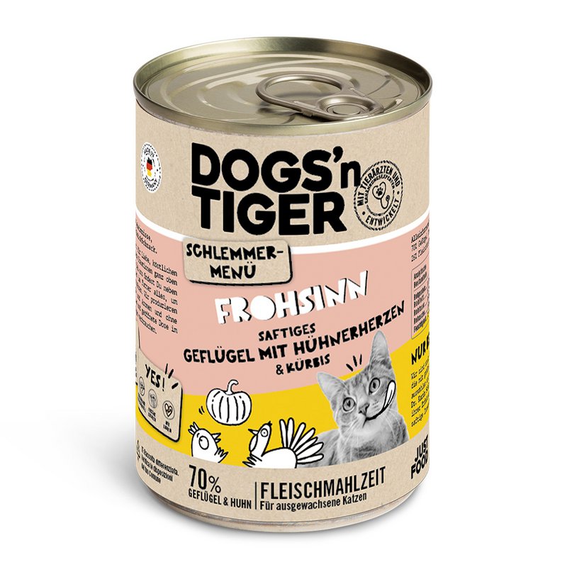 Dogs’n Tiger Adult, cibo per gatti, Frohsinn, cibo umido per gatti, senza cereali, pollame e zucca