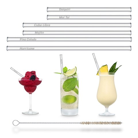 Rum Cocktail Namen Glasstrohhalme graviert Gemischtes Set 3 Längen 6 Stück