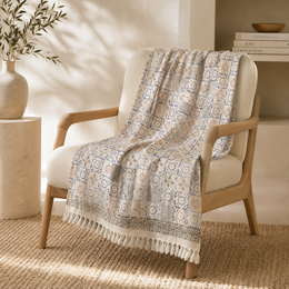 Blue & Cream Plaid / Sofa Throw – Mandala Pattern with Fringes – 130x175 cm – Urbane Hide