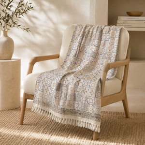 Blue & Cream Plaid / Sofa Throw – Mandala Pattern with Fringes – 130x175 cm – Urbane Hide