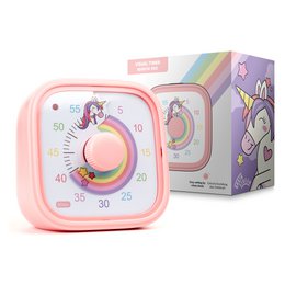  A colorful, rainbow-themed visual timer with a unicorn design, designed for kids. The timer features a round, analog-style display with a range of 5 to 60 minutes, and a compact, portable design.