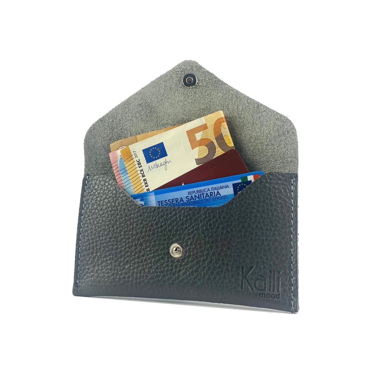 K0040FB | Saszetka z klapką Wyprodukowano we Włoszech z prawdziwej skóry licowej, groszkowany dolar - Kolor Szary - Wymiary: 13 x 8 x 0,5 cm - Opakowanie: sztywne dno/wieczko Pudełko upominkowe