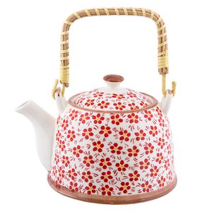 Teapot with filter 700 ml red ceramic floral tea can
