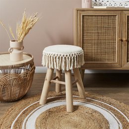 Handmade wooden stool with macramé seat - Ø 28 x 40 cm - boho / bohemian seat stool made of natural materials - decorative stool for living room, hall or bedroom - side stool - brown