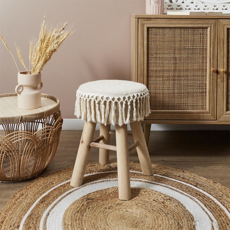 Handmade wooden stool with macramé seat - Ø 28 x 40 cm - boho / bohemian seat stool made of natural materials - decorative stool for living room, hall or bedroom - side stool - brown