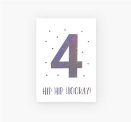 Limited edition birthday postcard with the number 4 and the text "Hip hip hooray!" in a stylish, minimalist design with a heart icon.
