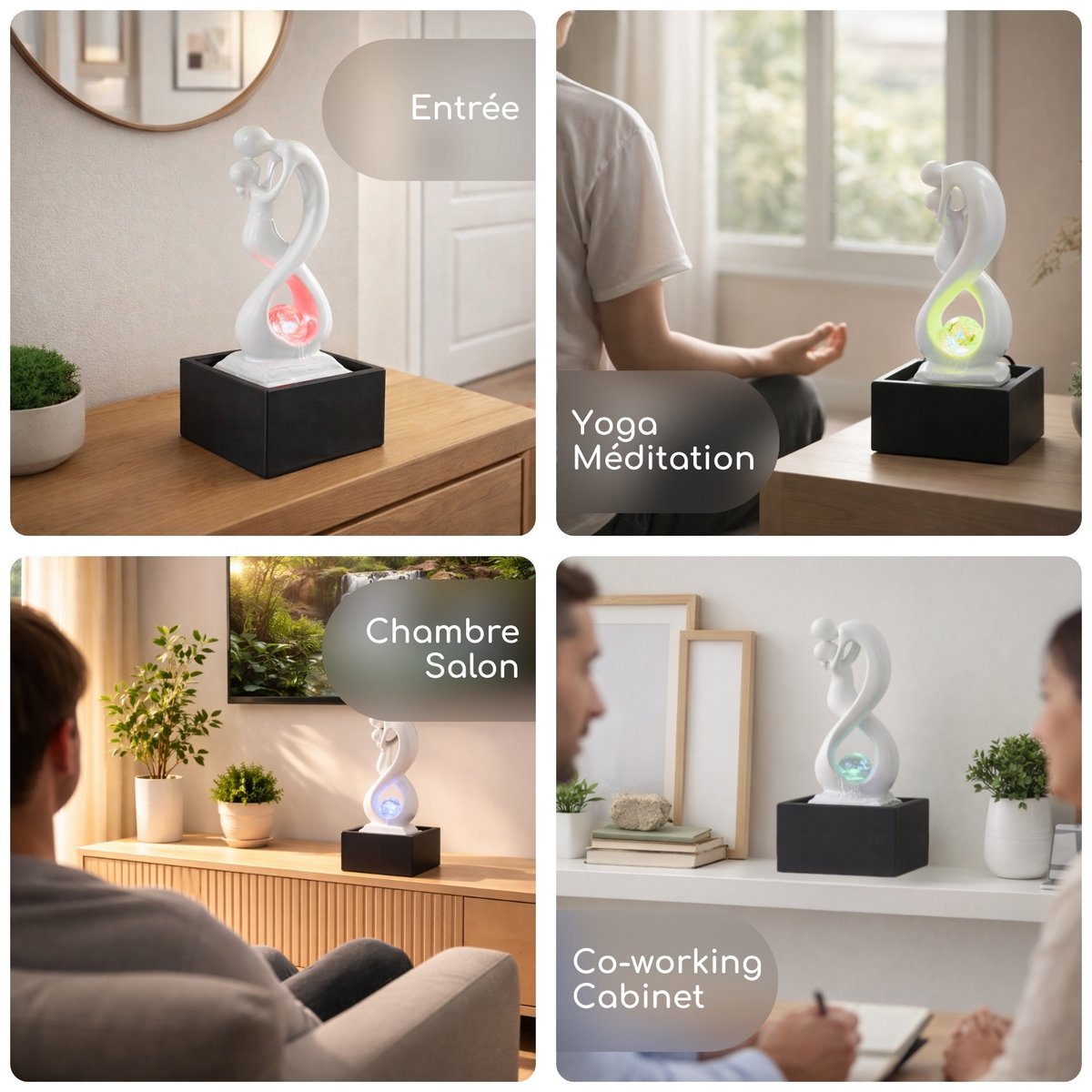 Fontaine d'Intérieur - Amor Noir et Blanc - Moderne avec Lumière LED Coloré - Sculpture Amoureux Amovible – Décoration d’intérieur Contemporaine – Boule en Rotation