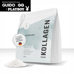 White powder supplement in a bag labeled "KOLLAGEN". The product is described as a collagen powder that can be added to drinks or food to optimize skin health.