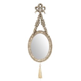 Oval hanging mirror with gold finish, decorative floral design, and dangling crystal accents. Measures 16 x 46 cm.