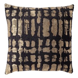  A square decorative cushion with a black and beige abstract pattern, suitable for use in a living room or bedroom.