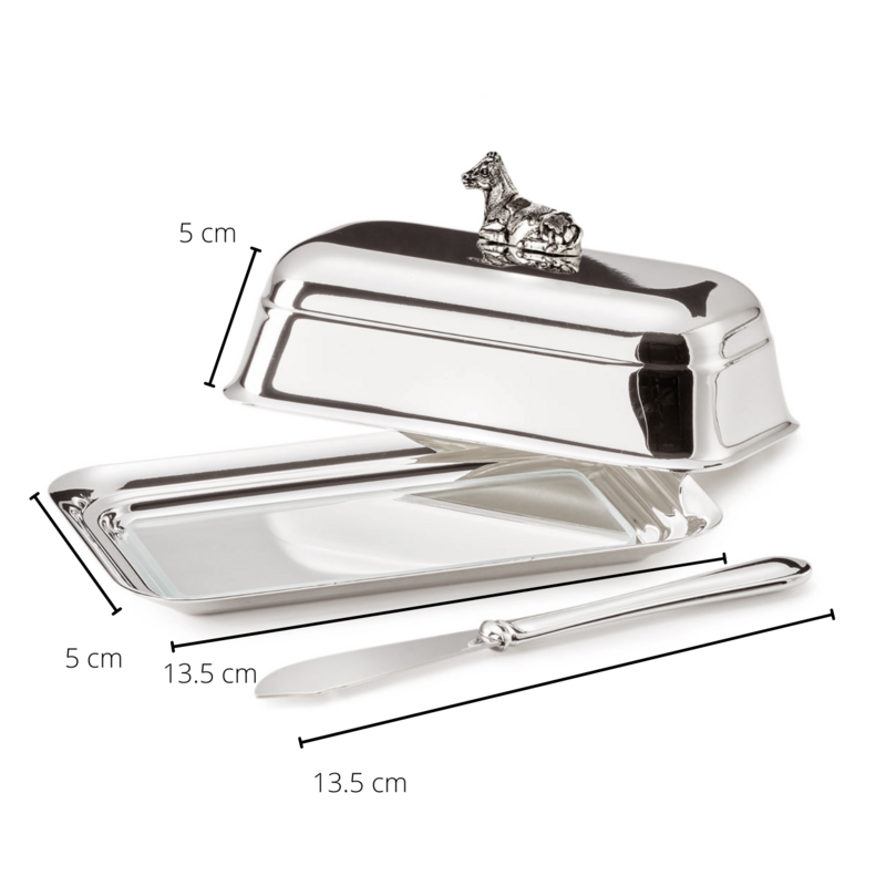 EDZARD botervloot koe met glasplaat, verzilverd, 8 x 13 cm, met bijpassend botermes