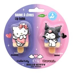 Two scented, flavored lip balms featuring Hello Kitty and her friend Kuromi. The lip balms are vegan, hydrating, and suitable for children.