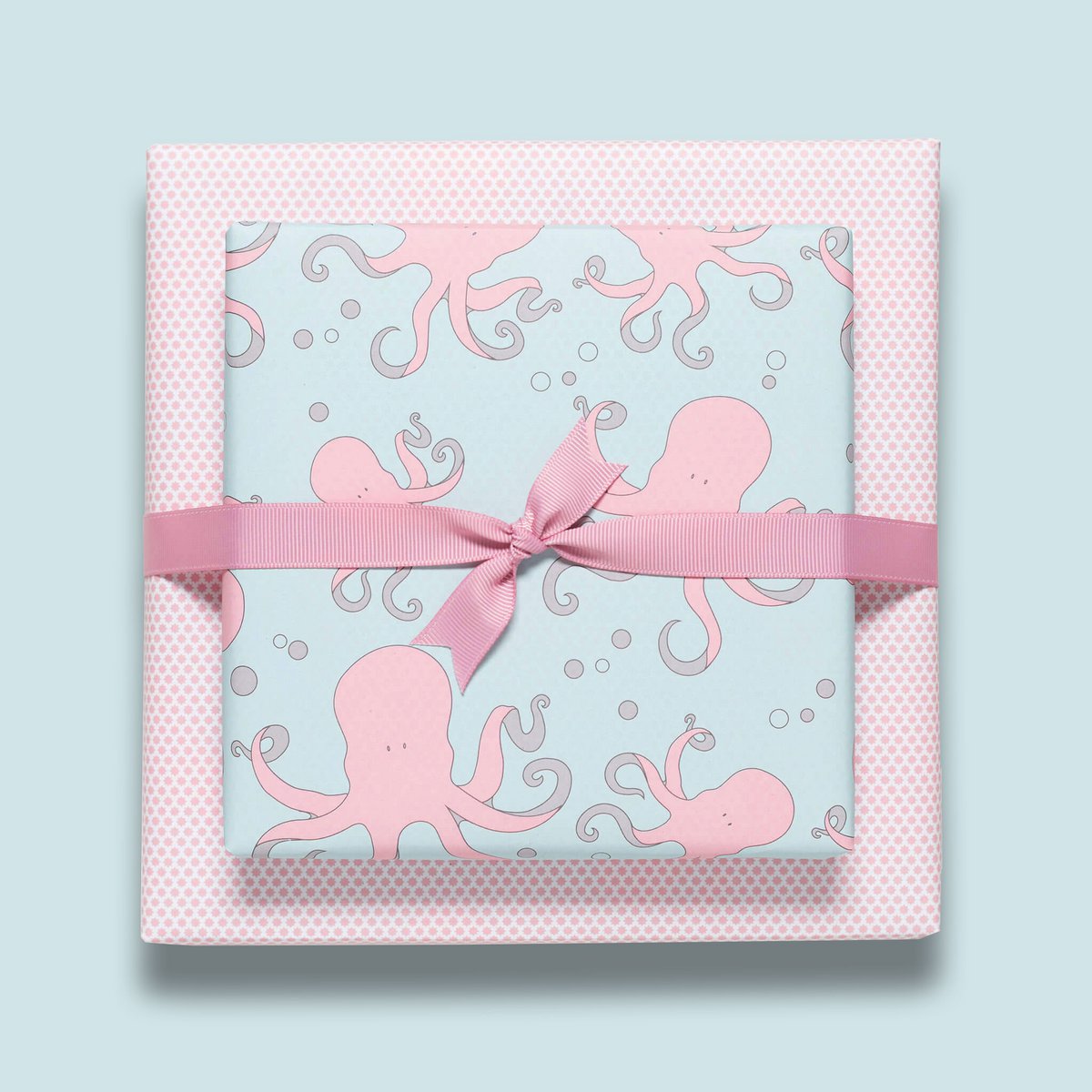 Papier d'emballage à la menthe et rose avec des poulpes, le papier d'emballage des enfants avec un motif de poulpe pour l'anniversaire des enfants, pour des cadeaux pour la naissance ou le baptême