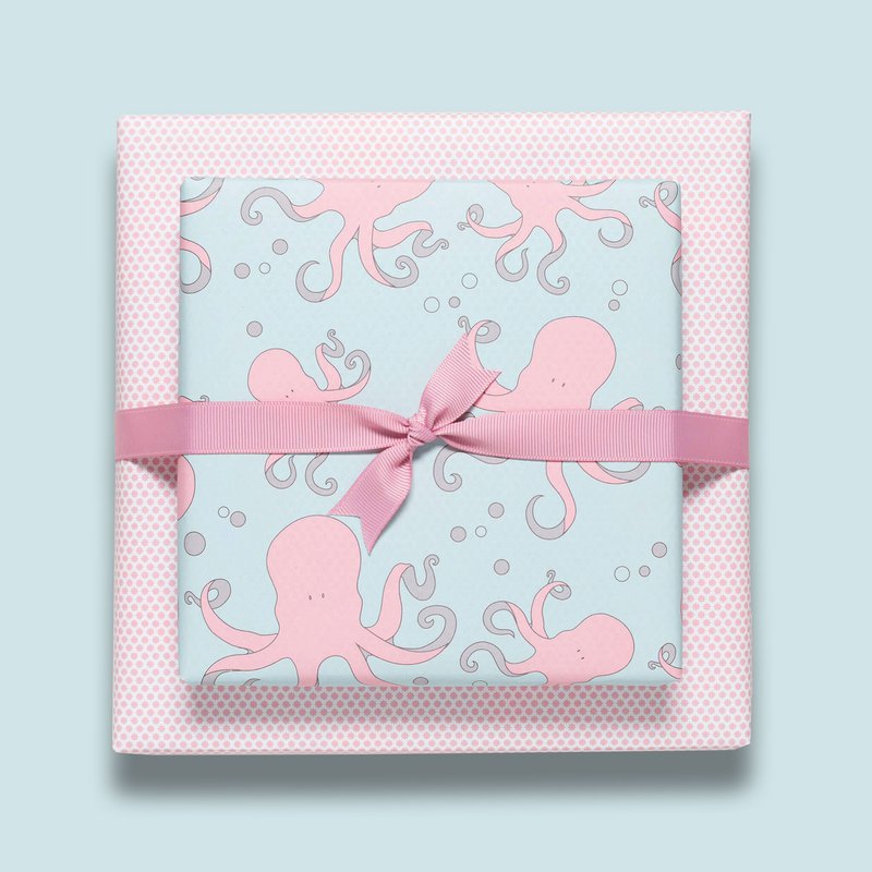 Papier d'emballage à la menthe et rose avec des poulpes, le papier d'emballage des enfants avec un motif de poulpe pour l'anniversaire des enfants, pour des cadeaux pour la naissance ou le baptême