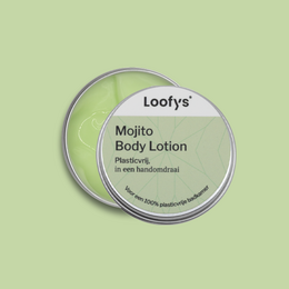 A 30ml bottle of Loofys' Mojito Body Lotion, featuring a green and white color scheme and a refreshing mojito scent.