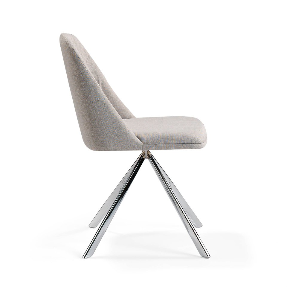 Swivel chair upholstered in fabric with chromed steel legs