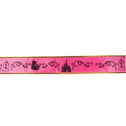  Decorative ornament featuring silhouettes of Belle and the Beast from the Disney movie "Beauty and the Beast" against a pink background with castle motifs.