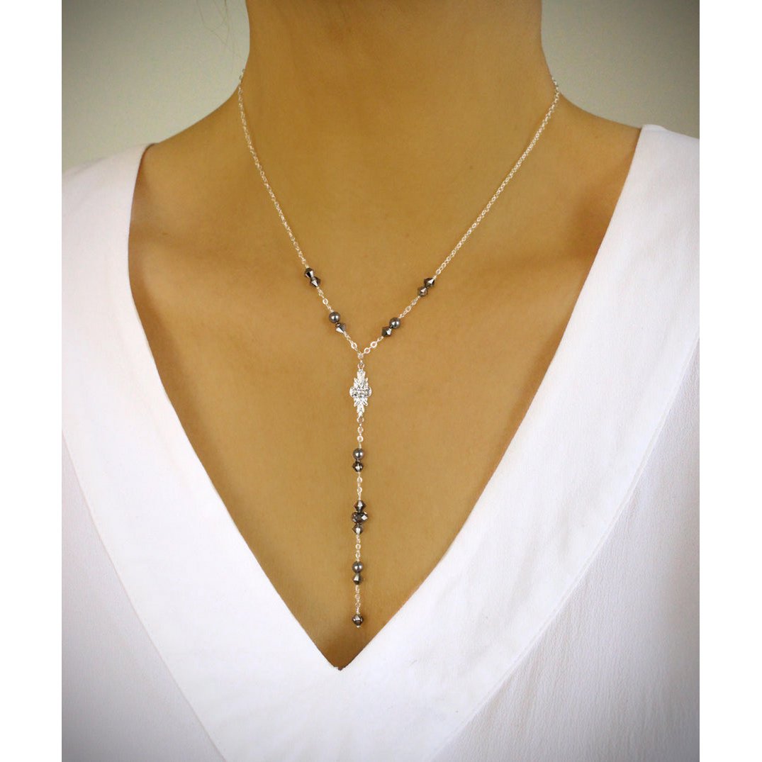 Collier Y rhodié avec cristaux "Black Silver Night"