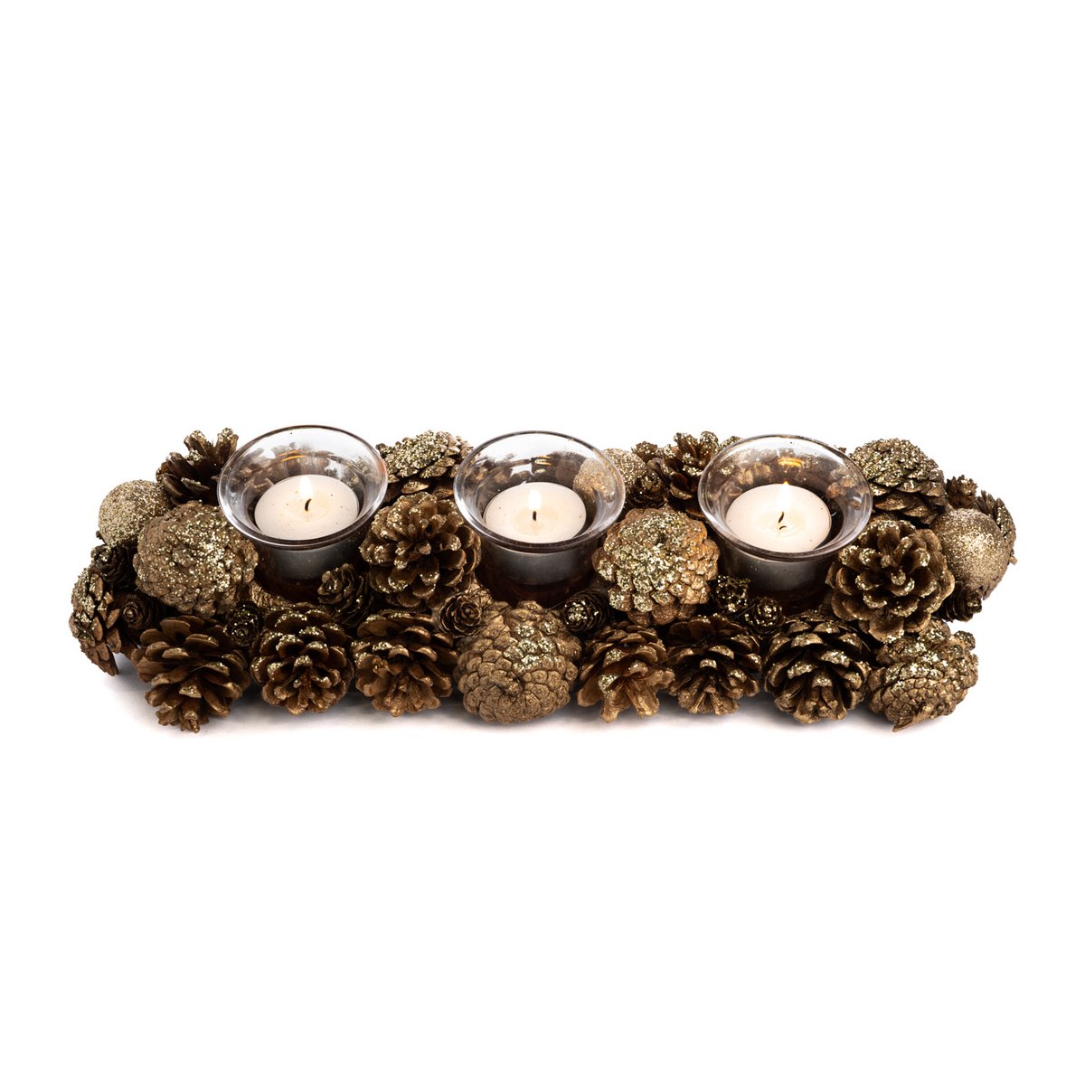GLSS GLT BALL/PINEC.3 VOT.HOLDER GLD 38,5CM INTODS