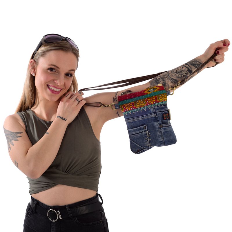 Sunsa lille bæredygtig skuldertaske til kvinder. Skuldertaske lavet af genbrugte jeans & canvas (canvas). Håndtaske vintage retro stil. Crossbody taske til kvinder.