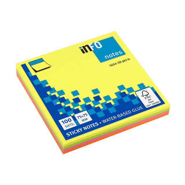 Info notes 75x75mm assorti fel Geel, Roze, Groen, Oranje 100 vel