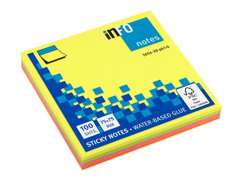 Info notes 75x75mm assorti fel Geel, Roze, Groen, Oranje 100 vel