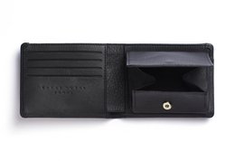 Black minimalist wallet with coin pocket, made of high-quality leather, compact and stylish design.