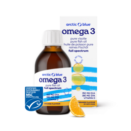 Omega 3 fish oil supplement with DHA and EPA, containing vitamin D3, in a 150ml bottle.